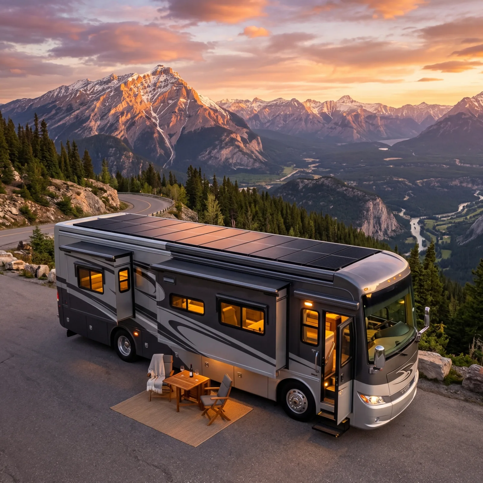 Luxury RV with solar panels in mountains