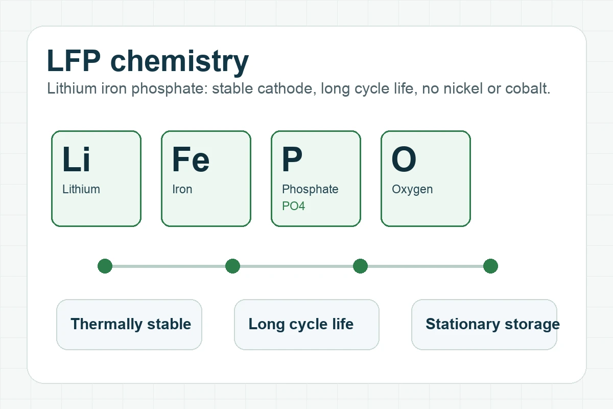LFP chemistry graphic showing lithium, iron, phosphate, and oxygen