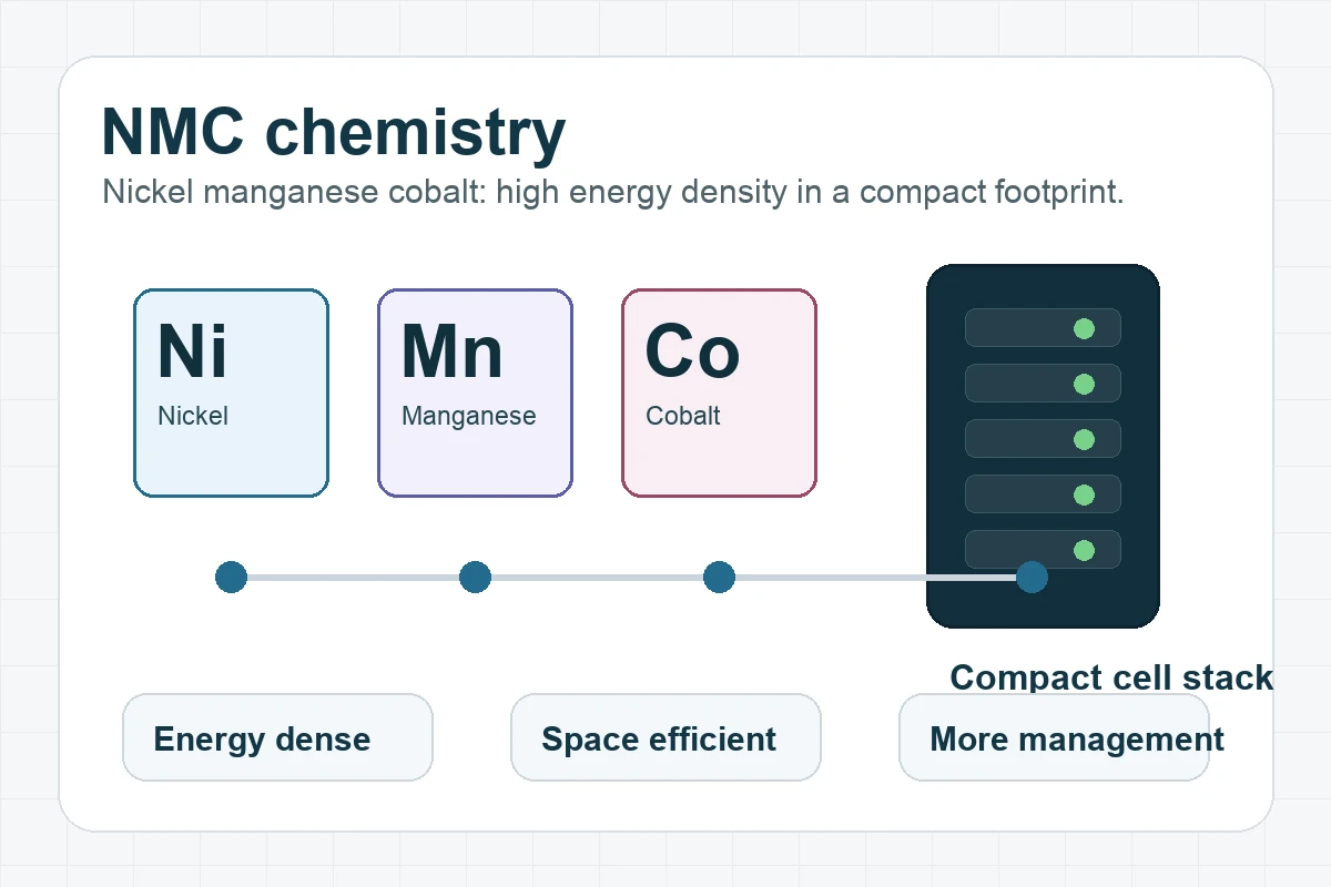 NMC chemistry graphic showing nickel, manganese, cobalt, and a compact cell stack