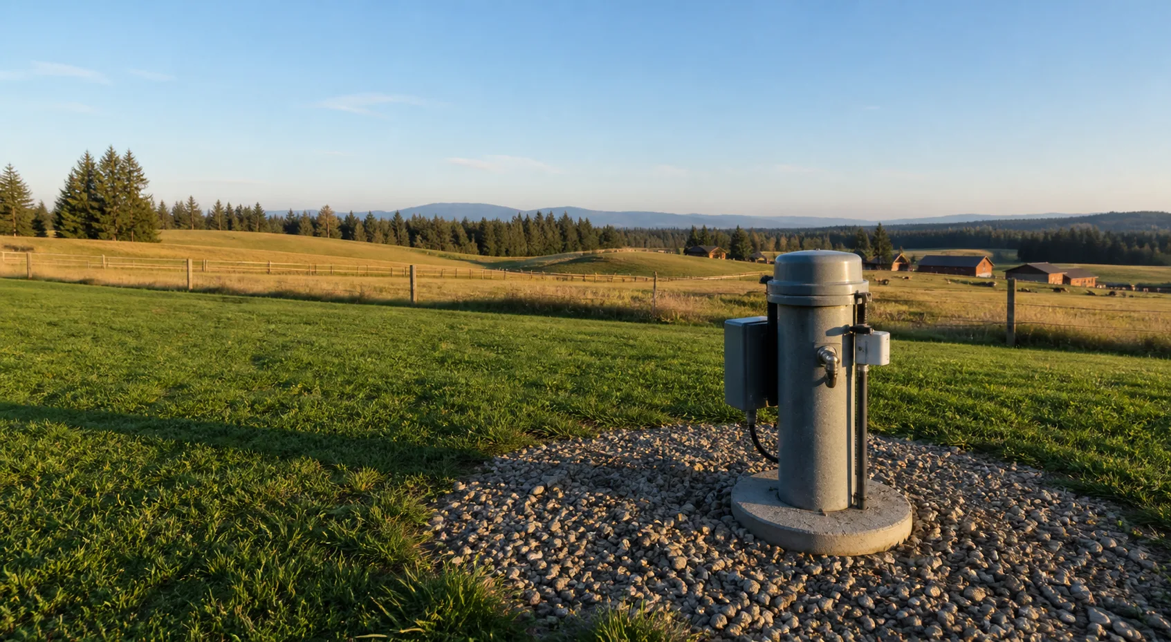 Modern residential wellhead in farm country